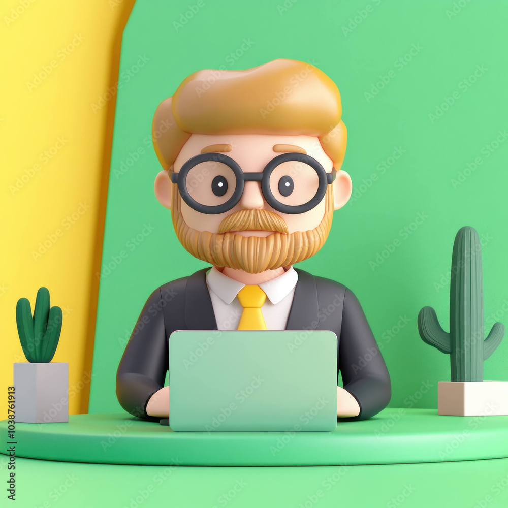 cheerful character with glasses and beard is working on laptop at desk surrounded by cacti. vibrant background features green and yellow colors, creating lively atmosphere cheerful character with glasses and beard is working on laptop at desk surrounded by cacti. vibrant background features green and yellow colors, creating lively atmosphere
