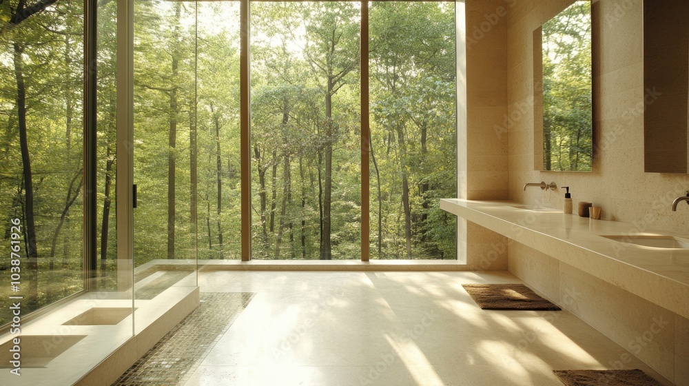 Fototapeta premium A clean, minimalist bathroom with large windows, a glass shower, and subtle decor accents.