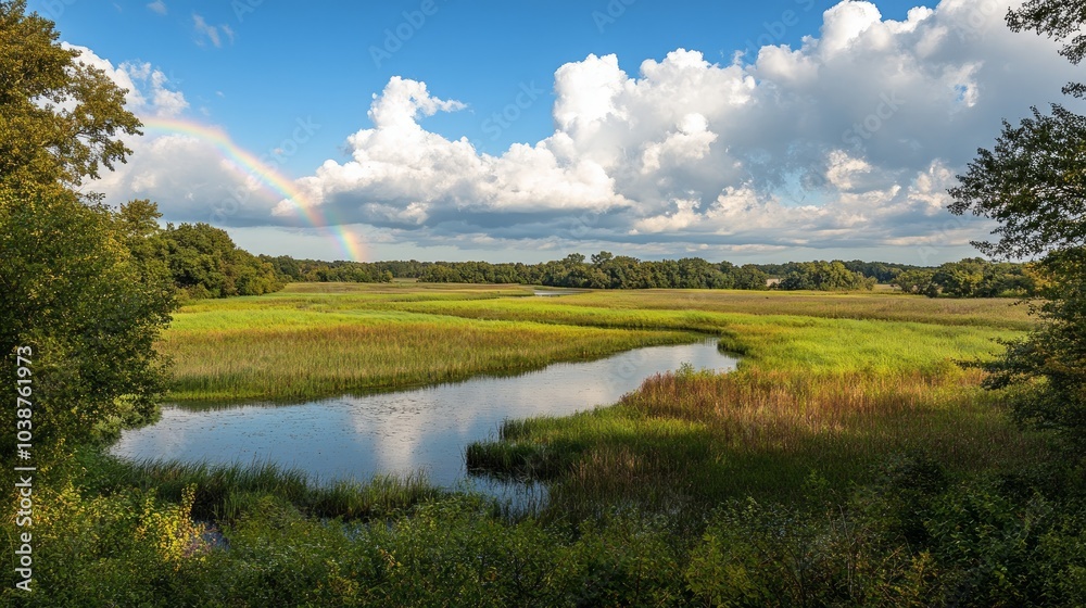 A rainbow arches over a meandering river flowing through a verdant meadow, with lush green trees flanking the scene. A rainbow arches over a meandering river flowing through a verdant meadow, with lush green trees flanking the scene.