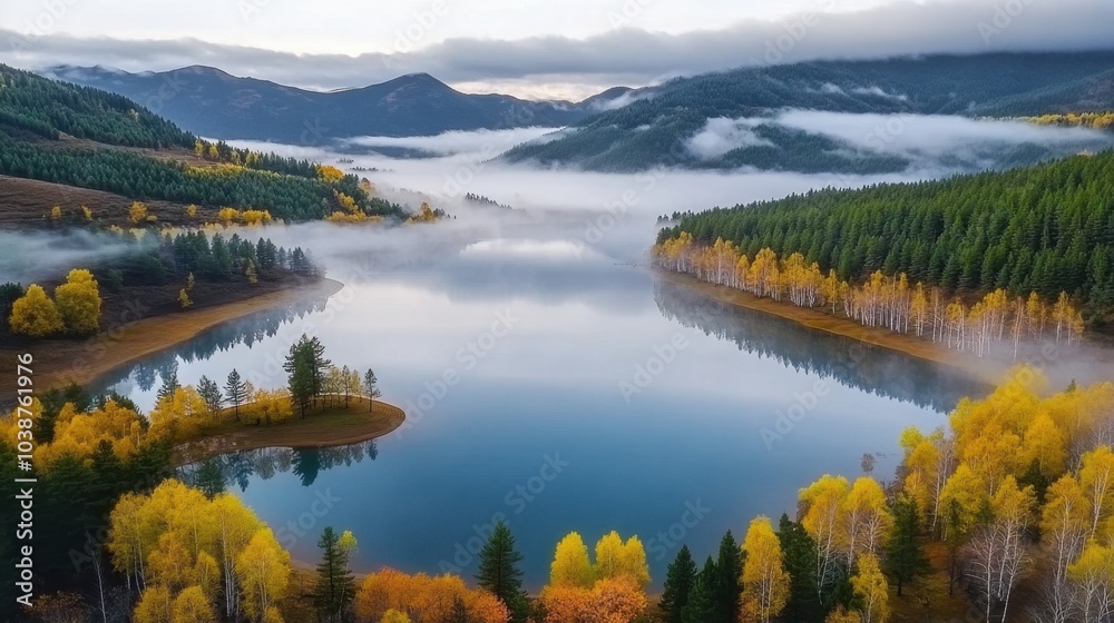 Fototapeta premium Beautiful natural scenery in autumn in illustration style