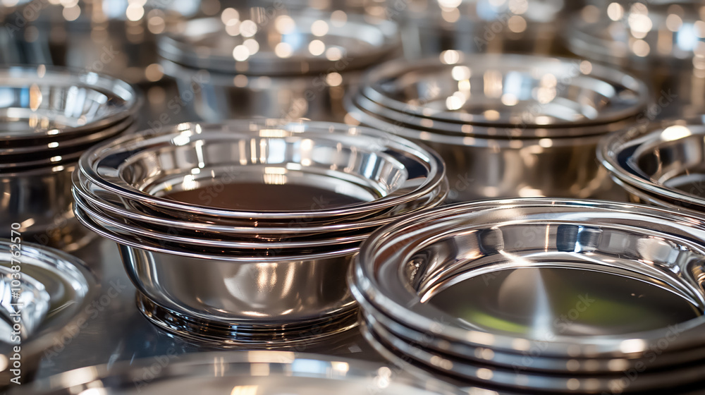 Gleaming stainless steel bowls in a shiny metallic setting Gleaming stainless steel bowls in a shiny metallic setting