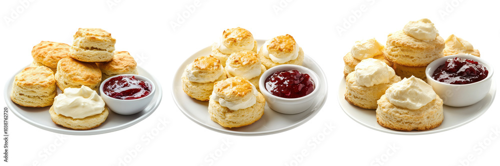 Set of a batch of freshly baked scones, with clotted cream and jam isolated on transparent background (3) Set of a batch of freshly baked scones, with clotted cream and jam isolated on transparent background (3)