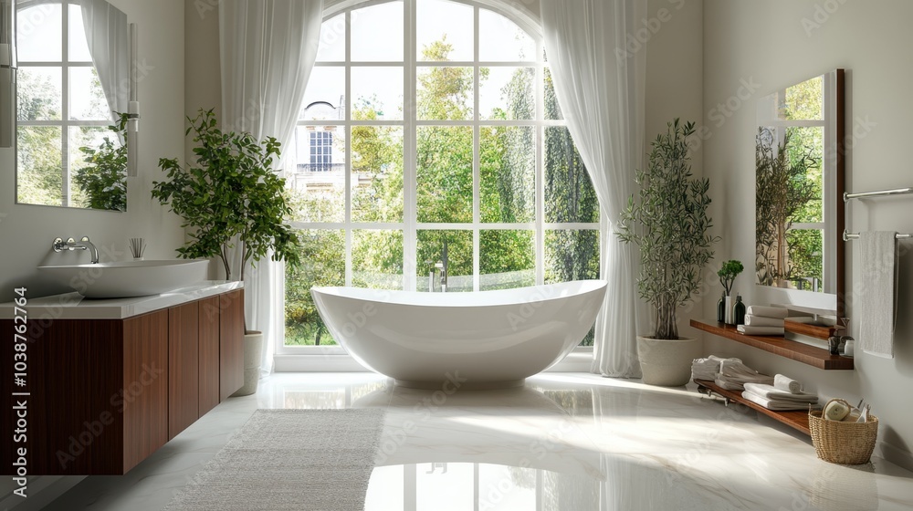 Fototapeta premium A clean, modern bathroom with a freestanding tub, large windows, and a stylish vanity.