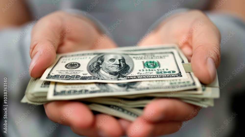 Hands holding a stack of fresh dollar bills Hands holding a stack of fresh dollar bills