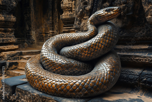 Golden snake coiled around a bronze statue in an ancient temple, rich textures and vibrant atmosphere.