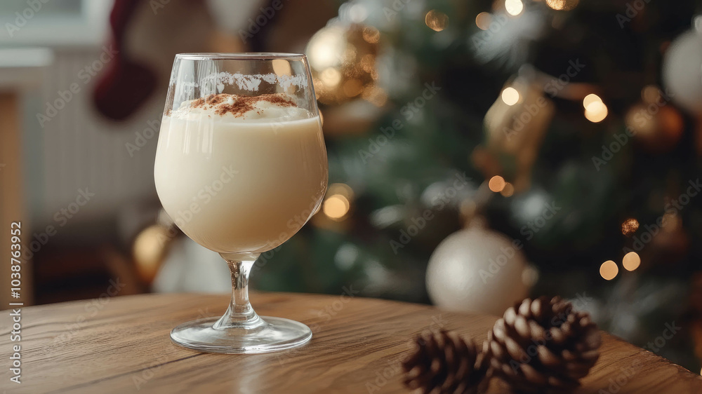 Holiday Seasonal Eggnog Cocktail garnished with Cinnamon Stick in Fancy Glassware surrounded by Christmas decorations Holiday Seasonal Eggnog Cocktail garnished with Cinnamon Stick in Fancy Glassware surrounded by Christmas decorations