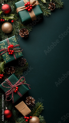 Christmas gift boxes isolated on dark green background. Instagram story with copy space