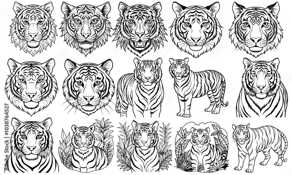 Adorable Baby Tiger Resting on a Tree Branch in Simple Line Drawing, Perfect for Kids' Coloring Books and Early Childhood Activities. Isolated on White Background to Encourage Creativity and Fun Learn Adorable Baby Tiger Resting on a Tree Branch in Simple Line Drawing, Perfect for Kids' Coloring Books and Early Childhood Activities. Isolated on White Background to Encourage Creativity and Fun Learn