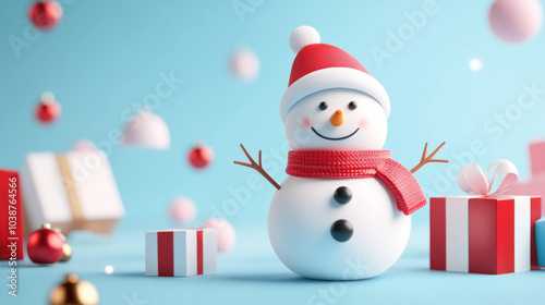 Cheerful snowman wearing red scarf and hat, surrounded by colorful gifts and ornaments, embodies festive spirit of holiday season