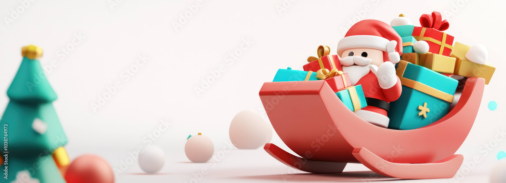 Obraz premium Festive 3D Santa Claus in sleigh filled with colorful gifts, surrounded by Christmas tree and snowballs, creating joyful holiday atmosphere