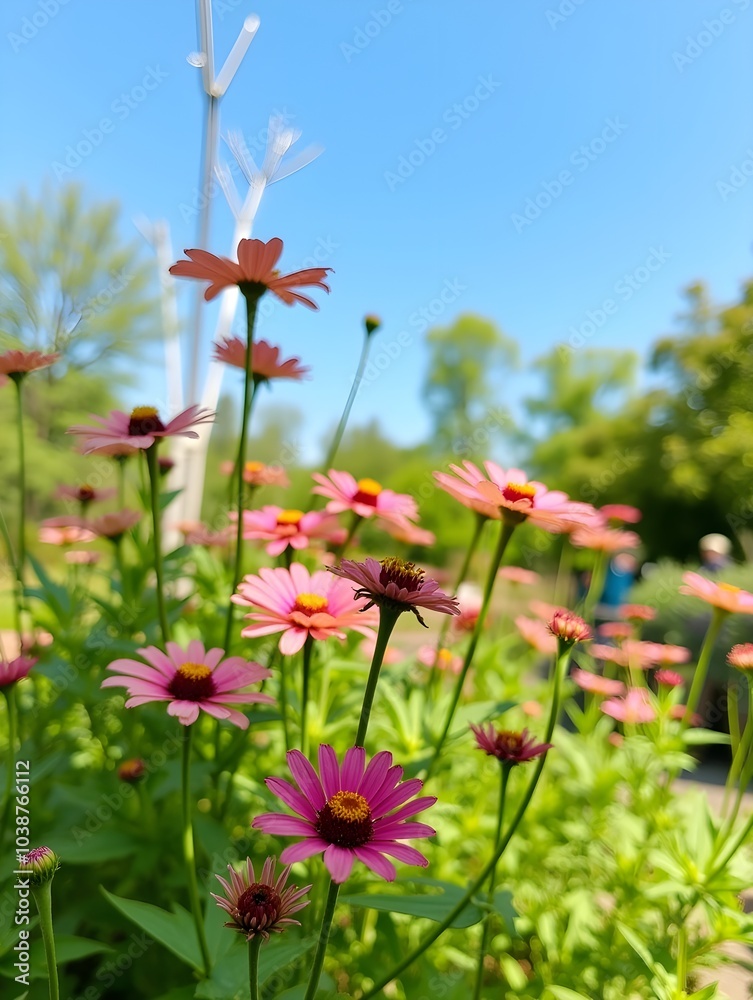 garden with flowers in the foreground, flowers in the back, blue sky, a naturalistic image garden with flowers in the foreground, flowers in the back, blue sky, a naturalistic image