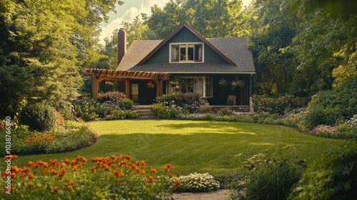 A cozy house with a large garden featuring lush green lawns, blooming flowers, and a wooden arbor.