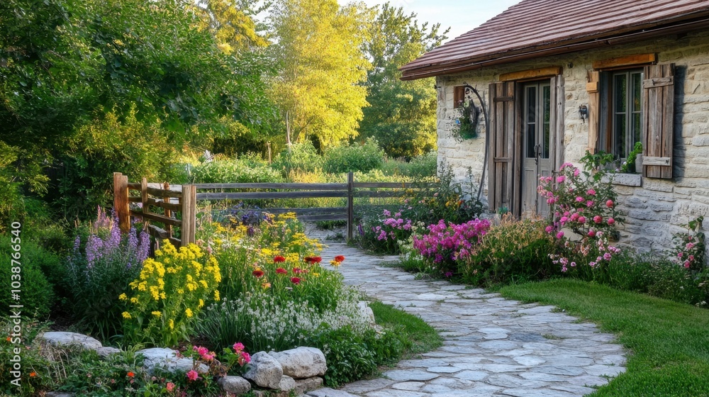 Naklejka premium A cozy stone house with a rustic garden, featuring blooming flowers, a wooden fence, and a stone walkway.