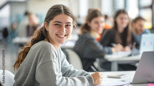 Focused female Student with Documents and Laptop in Study Area