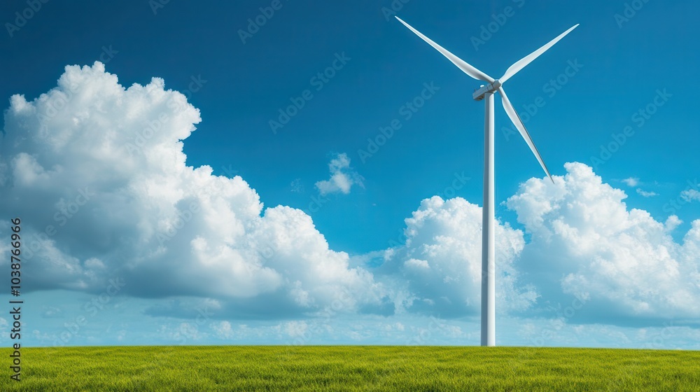 A stunning view of a wind turbine amidst a clear blue sky and fluffy clouds, symbolizing renewable energy and environmental sustainability. A stunning view of a wind turbine amidst a clear blue sky and fluffy clouds, symbolizing renewable energy and environmental sustainability.