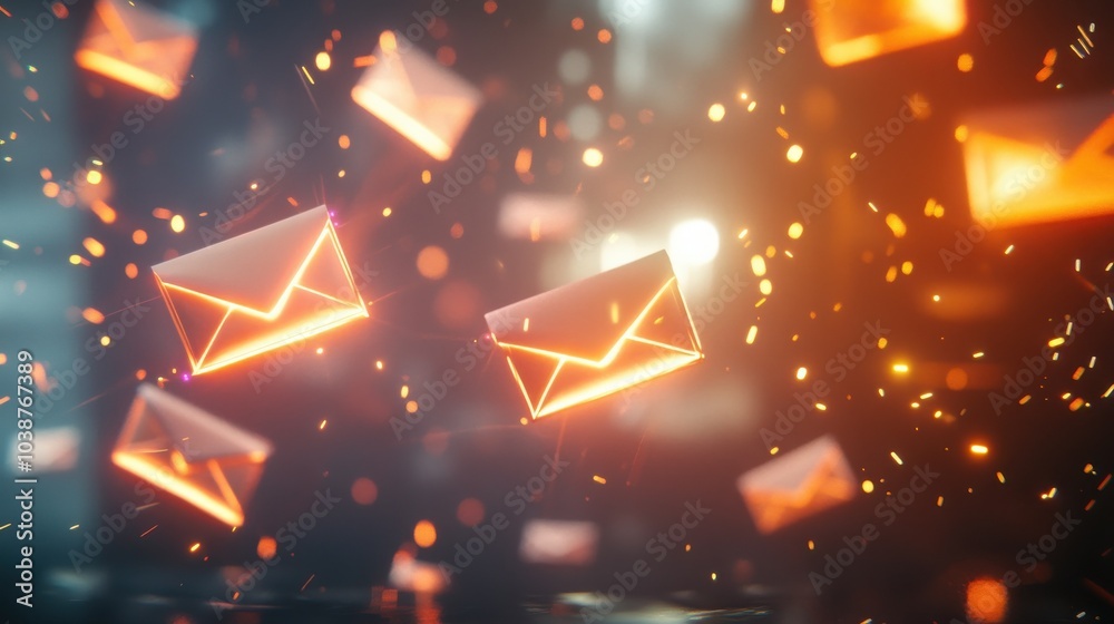 Naklejka premium Glowing email icons float in a dark space, creating an abstract representation of digital communication.