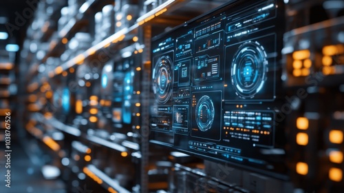 A close-up of a server rack in a data center, with a monitor displaying a futuristic interface with glowing blue and orange lights.