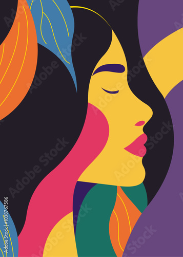 Abstract Colorful Woman Portrait with Flowing Multicolored Hair