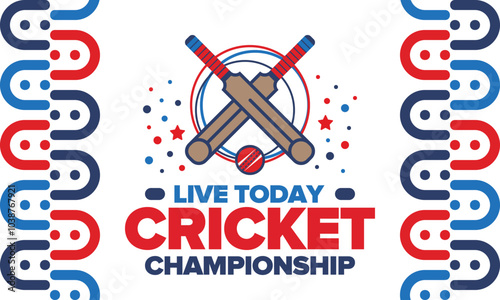 Cricket Championship. Match Day. Cricket bat and cricket ball. Tournament play-off and final. Sport game, professional competition. Play for win. Cricket match score. Fitness and recreation poster