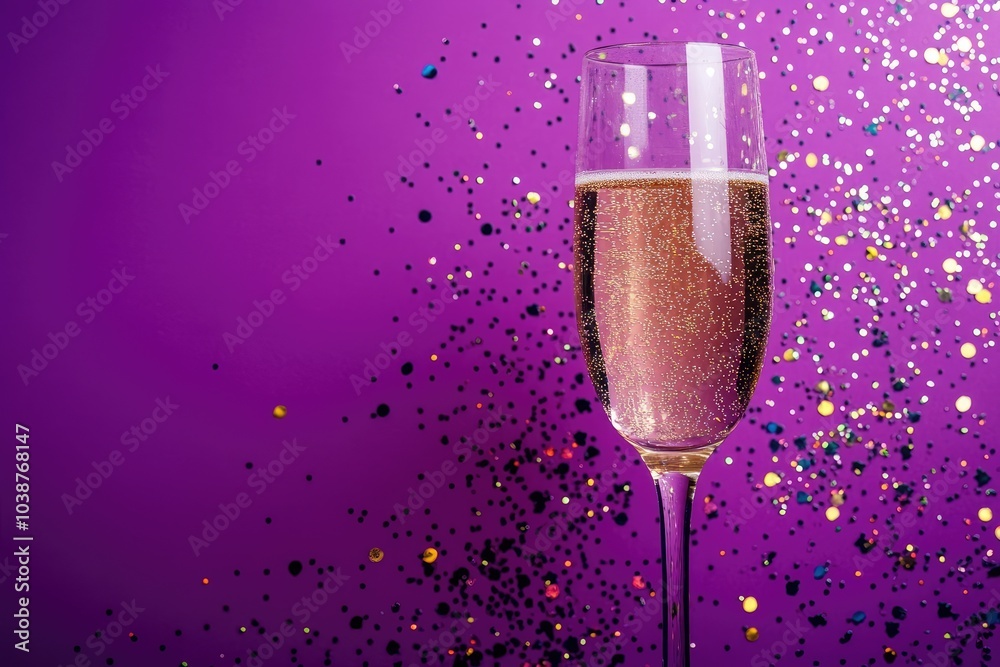 Elegant Champagne Glass with Glittery Confetti on Vibrant Purple Background Elegant Champagne Glass with Glittery Confetti on Vibrant Purple Background