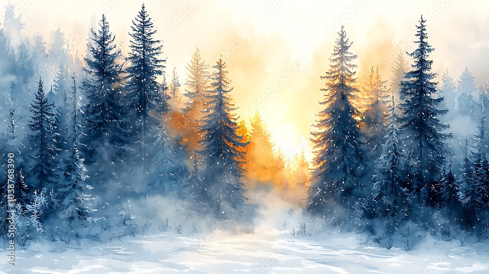 Fototapeta premium Serene Watercolor Painting of a Snowy Forest Scene