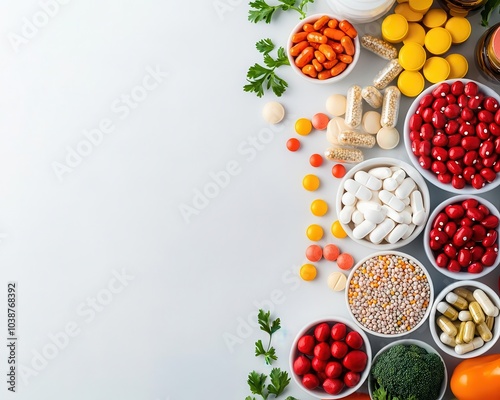 Probioticrich foods on a table, surrounded by abstract bacteria illustrations, nutrition, wellness photo