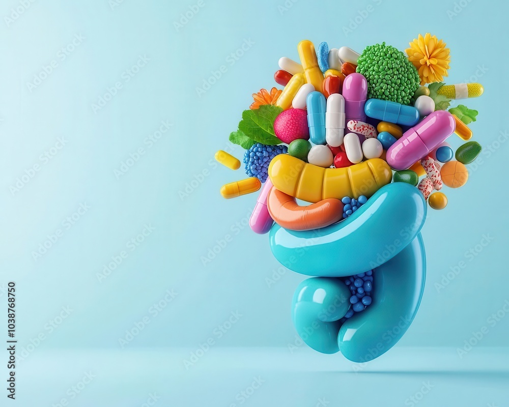 Healthy intestine crosssection filled with active probiotic cultures, gut health, probiotic benefits Healthy intestine crosssection filled with active probiotic cultures, gut health, probiotic benefits