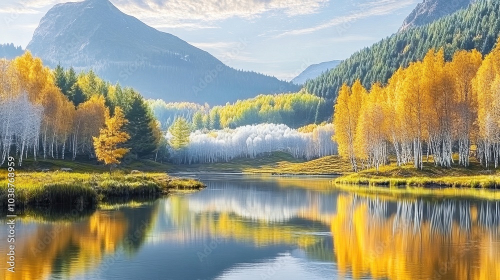 Fototapeta premium Beautiful natural scenery in autumn in illustration style