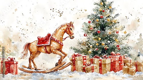 Whimsical Watercolor Rocking Horse with Christmas Tree