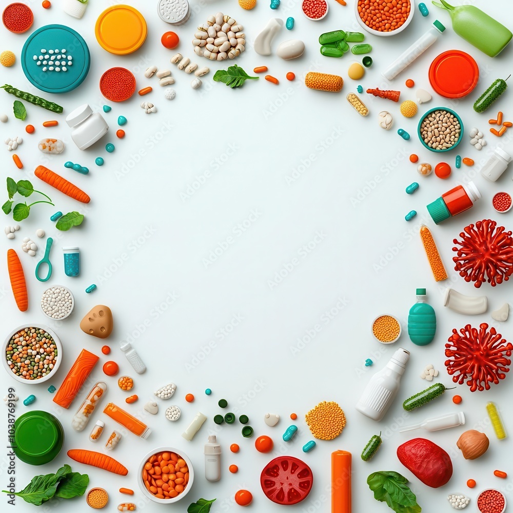 Probioticrich foods surrounded by animated bacteria icons, nutrition, digestive benefits Probioticrich foods surrounded by animated bacteria icons, nutrition, digestive benefits