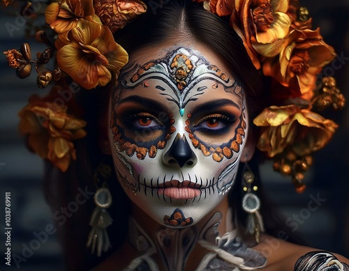 Celebrating life and death Elegant Mexican woman with ornate fantasy makeup for Day of the Dead