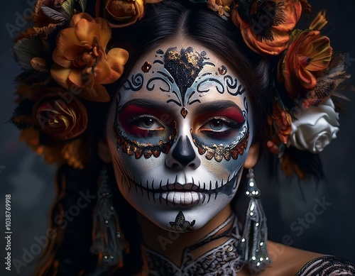 Celebrating life and death Elegant Mexican woman with ornate fantasy makeup for Day of the Dead.
