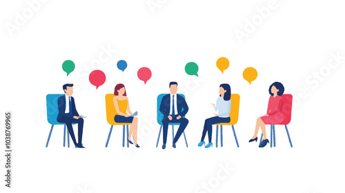 people sitting in folding chairs around a circle, discussing something together. Vector illustration on a white background.

