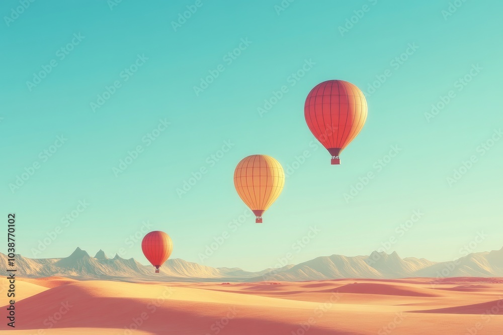Vibrant Hot Air Balloons Floating Over Serene Desert Landscape at Sunrise Vibrant Hot Air Balloons Floating Over Serene Desert Landscape at Sunrise