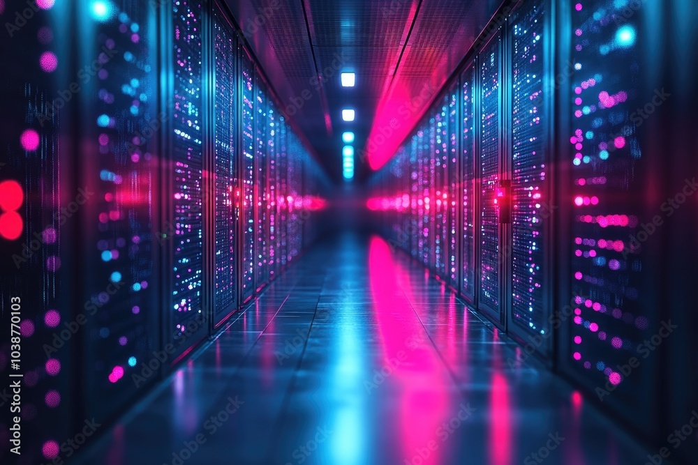 ** Futuristic Data Center Hallway with Neon Lights and Server Racks ** Futuristic Data Center Hallway with Neon Lights and Server Racks