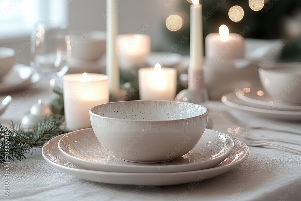 Fototapeta premium Elegant Holiday Table Setting with Ceramic Dinnerware and Candlelight Ambiance
