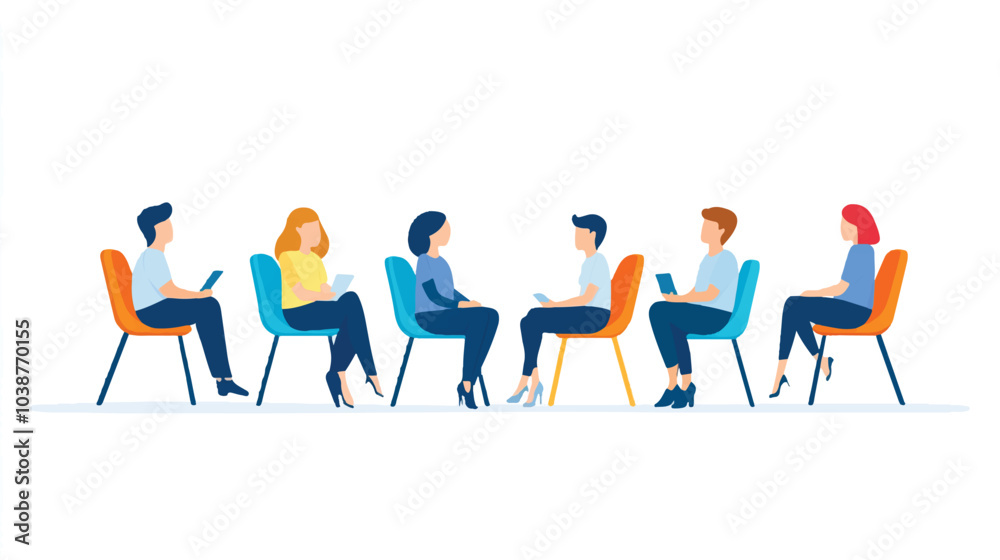 people sitting in folding chairs around a circle, discussing something together. Vector illustration on a white background.
people sitting in folding chairs around a circle, discussing something together. Vector illustration on a white background.