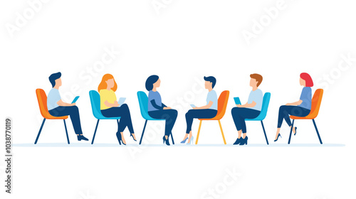 people sitting in folding chairs around a circle, discussing something together. Vector illustration on a white background.

