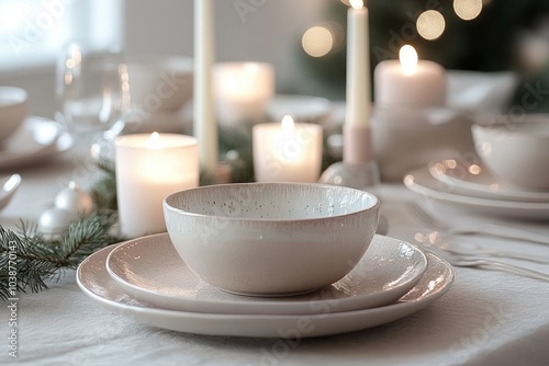 Elegant Holiday Table Setting with Ceramic Dinnerware and Candlelight Ambiance