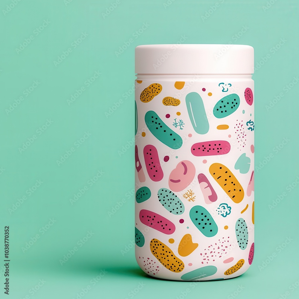 Obraz premium Probioticrich food packaging with colorful bacteria illustrations, nutrition, probiotic benefits