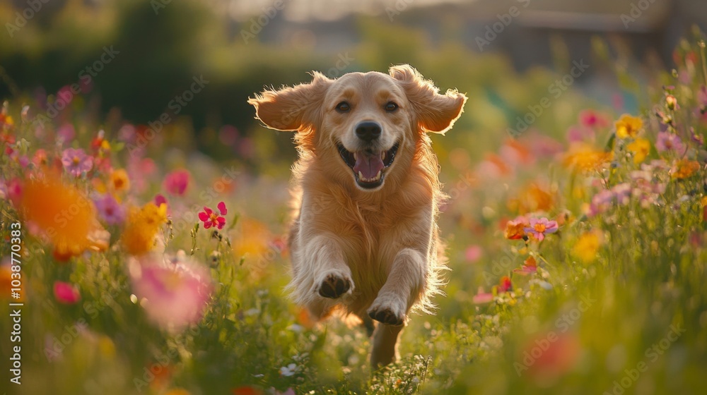 Happy Dog Running Through Colorful Flower Field Happy Dog Running Through Colorful Flower Field