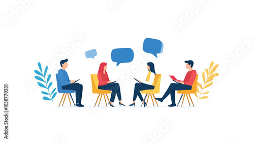 people sitting in folding chairs around a circle, discussing something together. Vector illustration on a white background.

