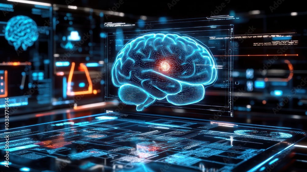 Obraz premium Futuristic holographic representation of a brain with digital interfaces.