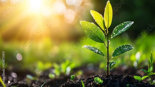 Emerging Seedling with Dew in Morning Light