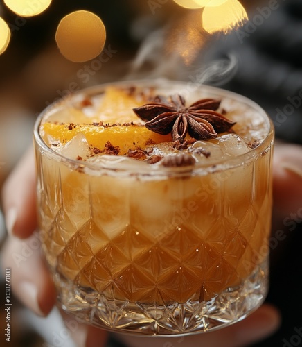 Tasty Christmas drink in a glass, beautifully assembled on a festive background photo