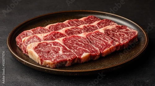 Wagyu beef platter with perfectly sliced pieces, showcasing intense marbling