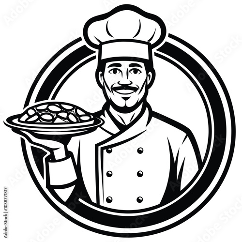 Chef with Italian freshly baked pizza. Restaurant logo vector illustration