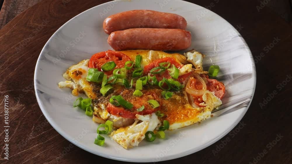 Fried eggs with tomatoes and fried sausages sprinkled with green onions on a gray plate rotates in a circle. Medium shot. Fried eggs with tomatoes and fried sausages sprinkled with green onions on a gray plate rotates in a circle. Medium shot.