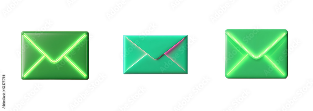 Set of three digitally rendered neon green envelope icons isolated on a transparent background, symbolizing communication and technology Set of three digitally rendered neon green envelope icons isolated on a transparent background, symbolizing communication and technology