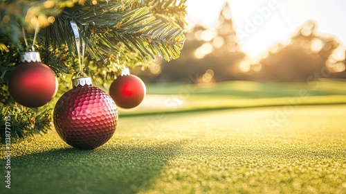 Christmas Tree Decorated With Ornaments on a Golf Course at Sunset Generative AI